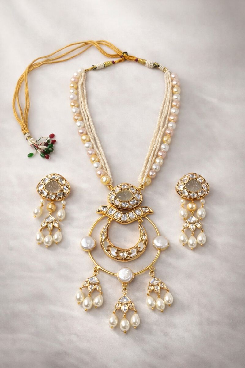 Gold Plated Kundan & Semi Cultured Pearl Choker Set with Dangle Earrings