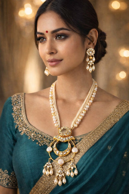 Gold Plated Kundan & Semi Cultured Pearl Choker Set with Dangle Earrings