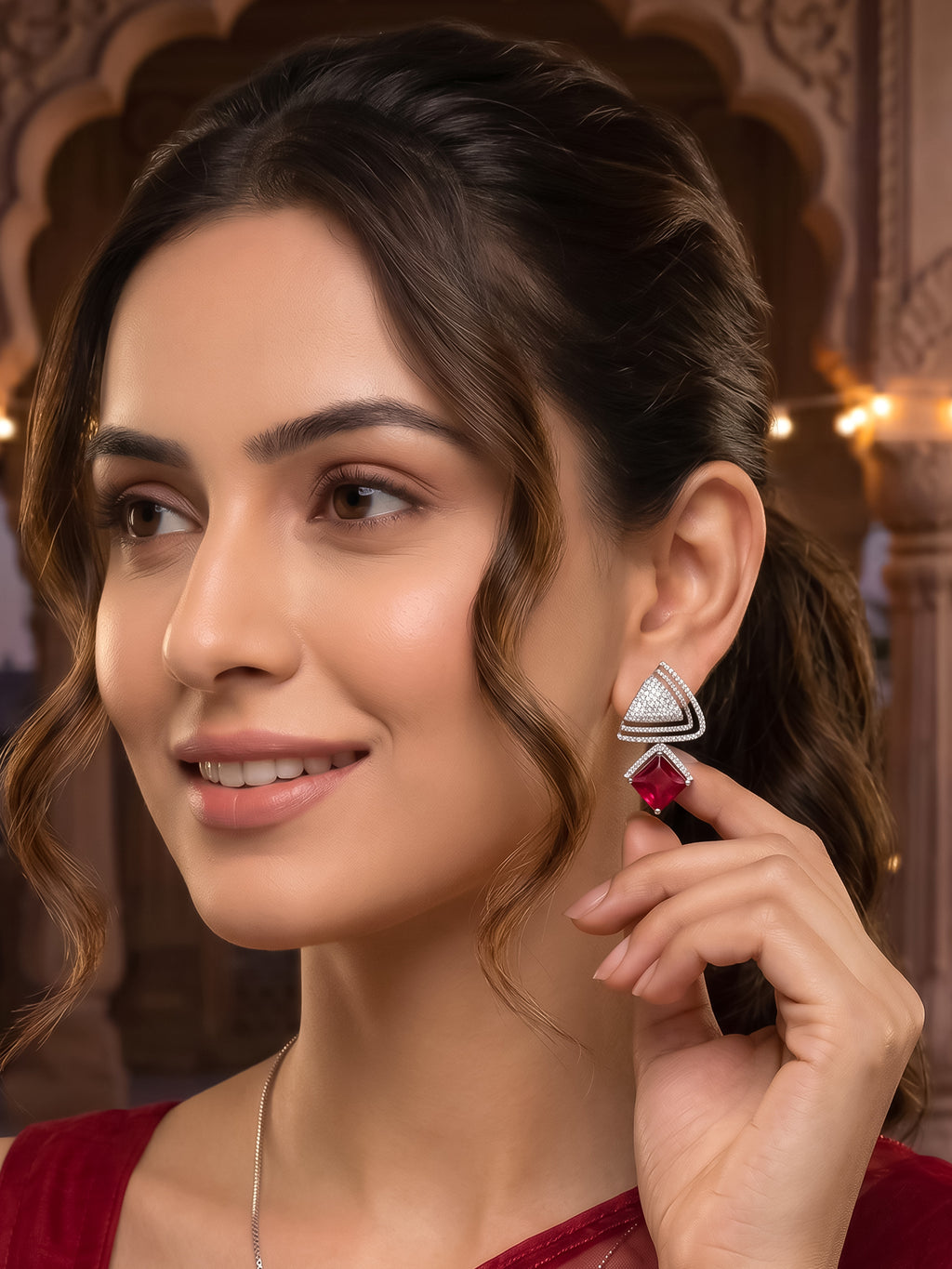 Rhodium Plated Red Ruby Earrings