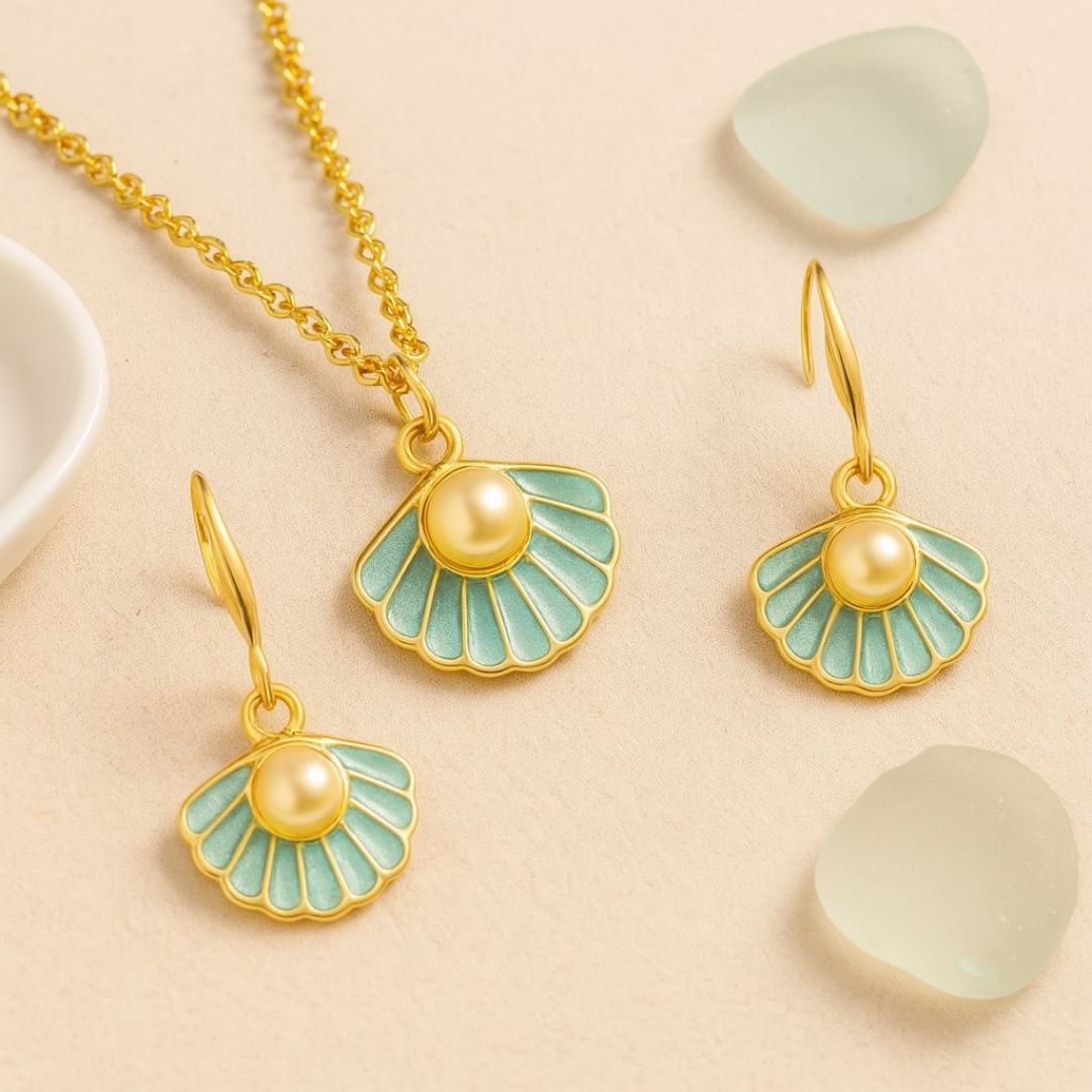 Gold-Plated Aqua Pearl Pendant Set