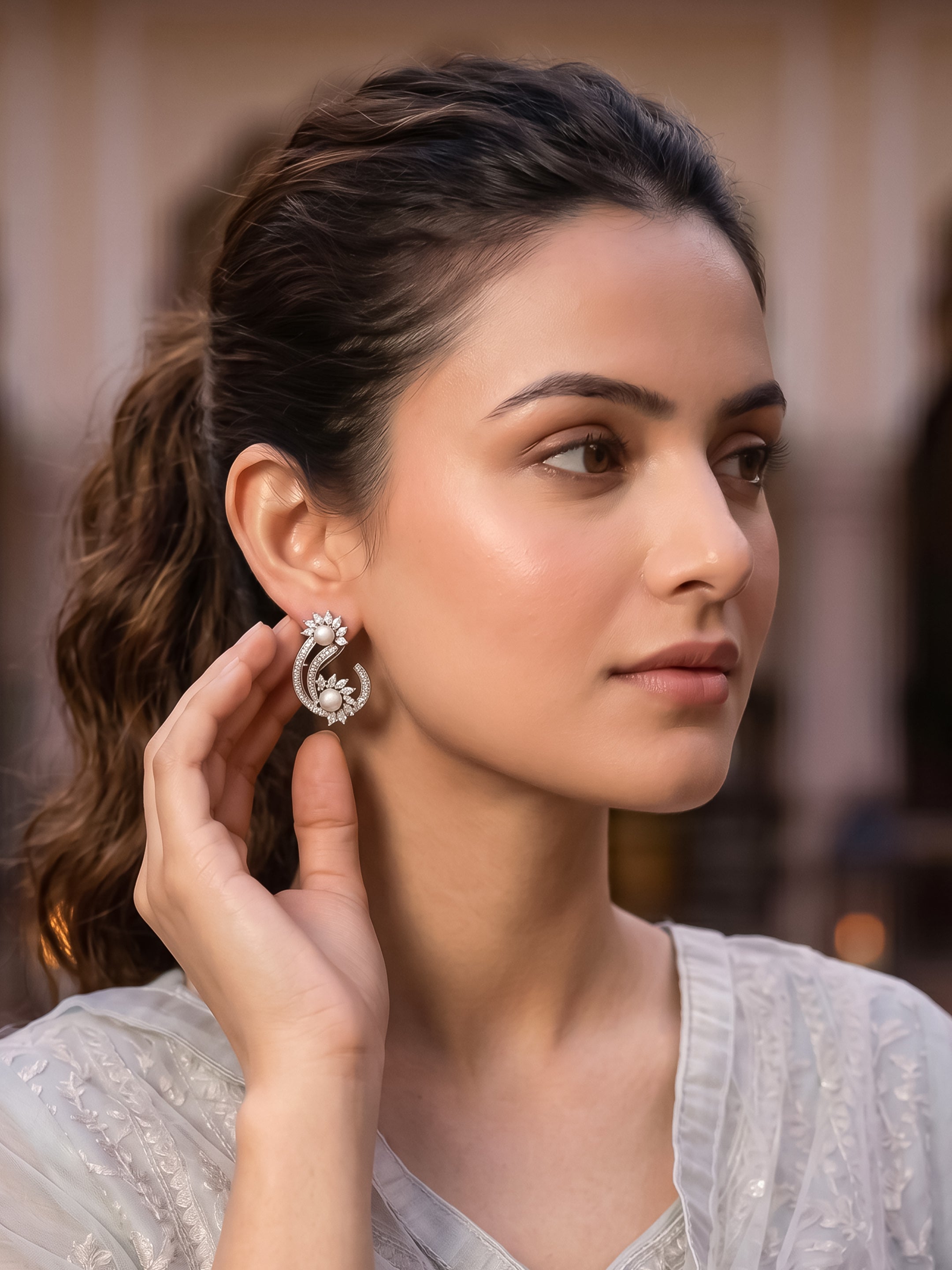 Rhodium Plated Cubic Zirconia Drop Earring
