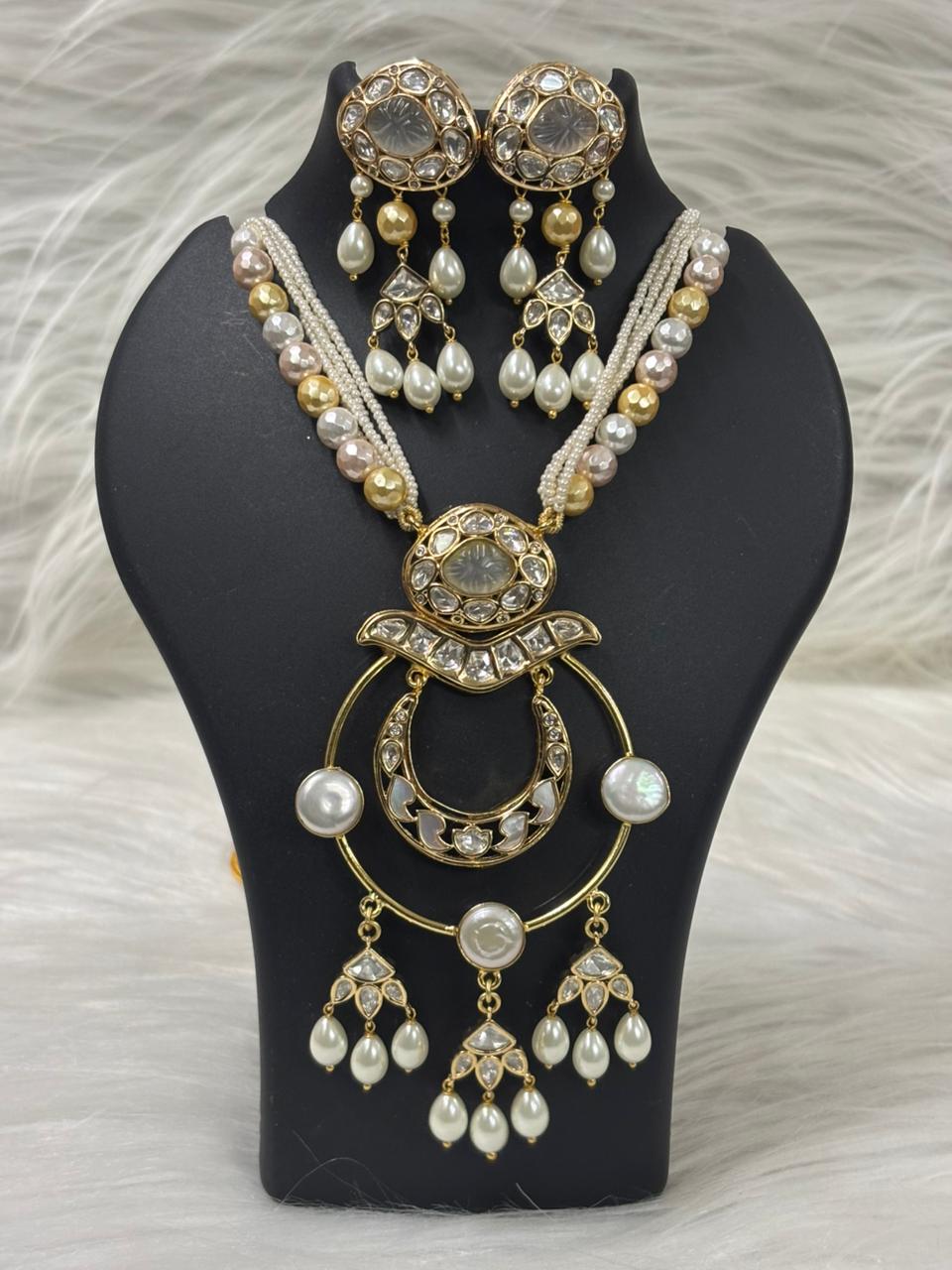 Gold Plated Kundan & Semi Cultured Pearl Choker Set with Dangle Earrings