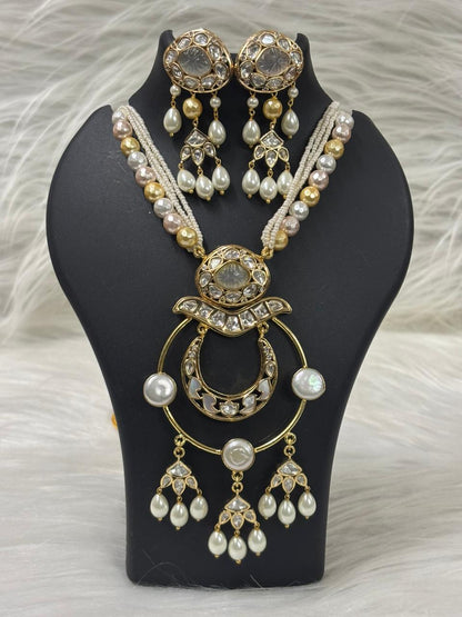 Gold Plated Kundan & Semi Cultured Pearl Choker Set with Dangle Earrings