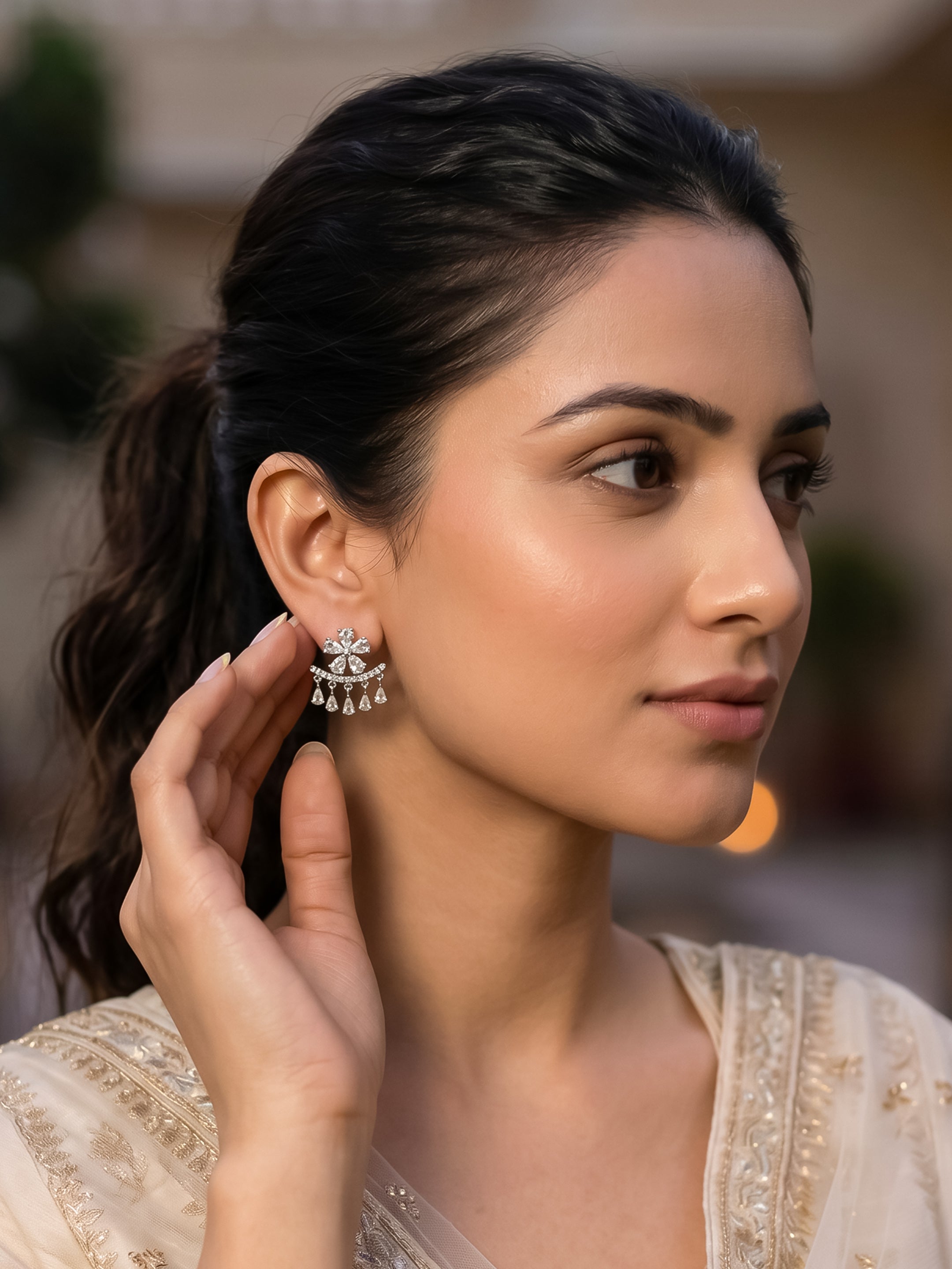 Rhodium Plated Cubic Zirconia Earring