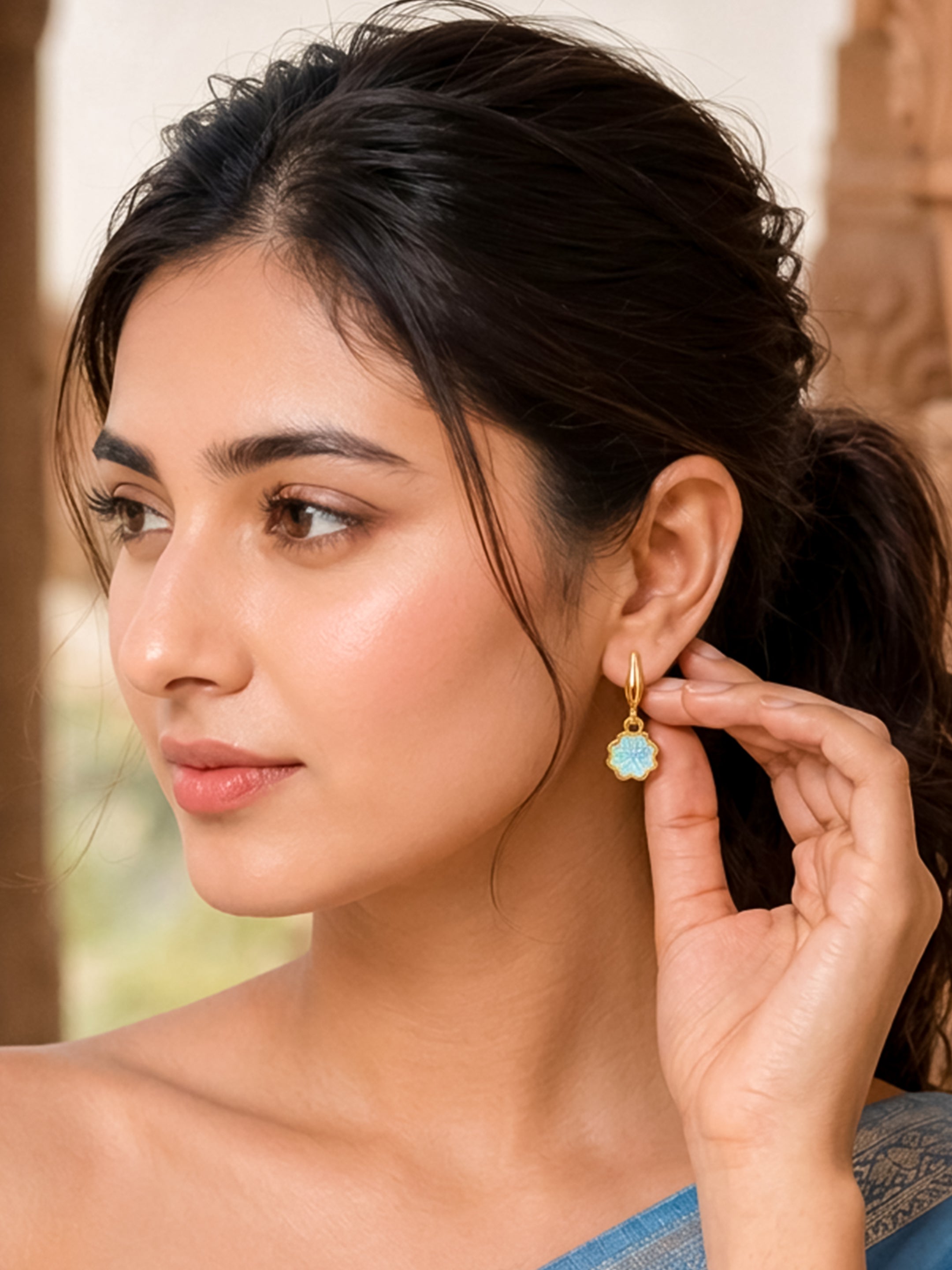 Bloom Gold-Plated Blue Cubic Zirconia Floral Drop Earrings