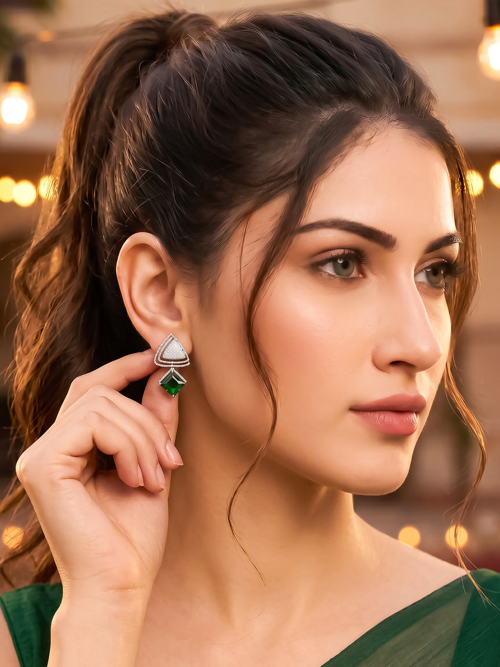 Rhodium Plated Green Topaz Earrings
