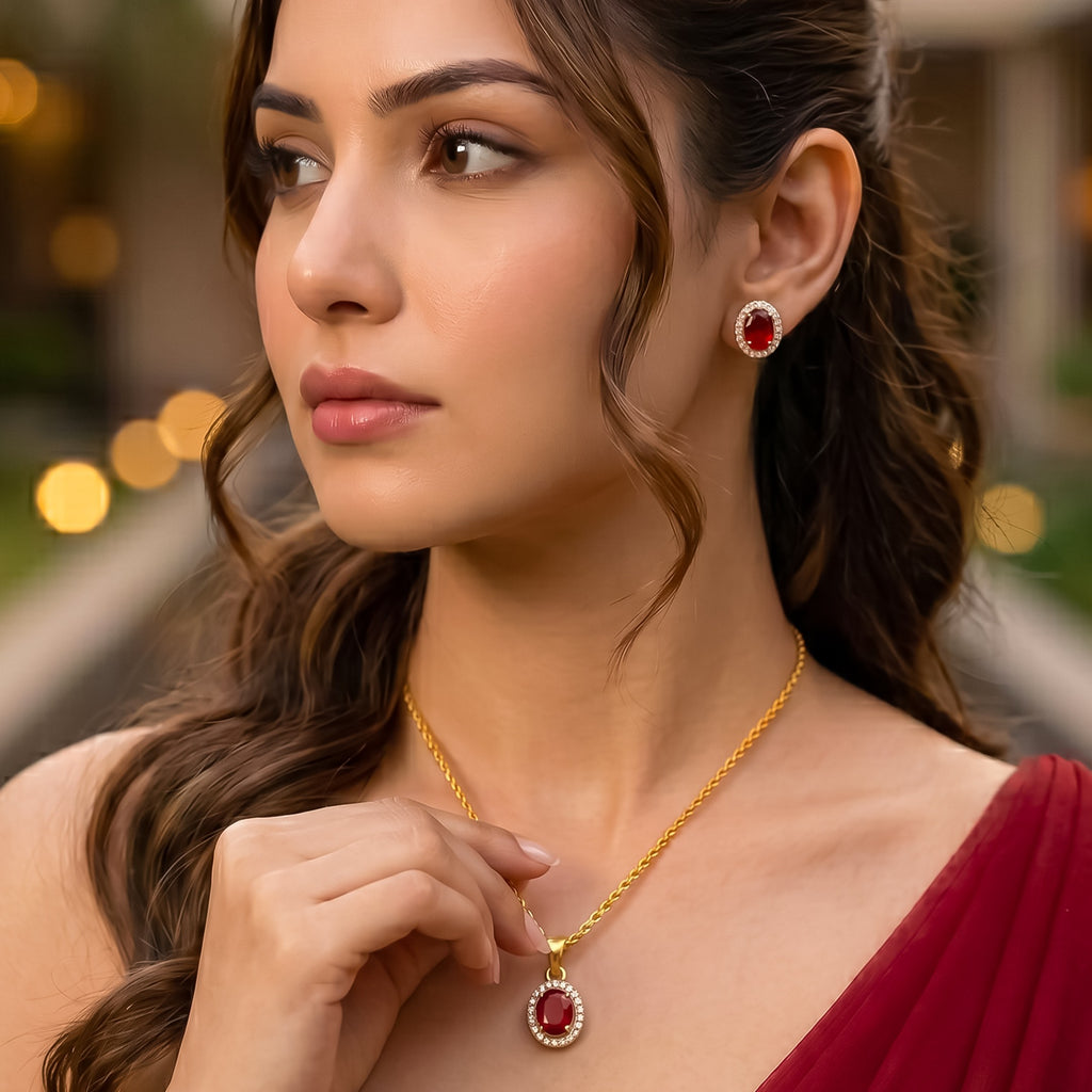 Gold Plated Red Cubic Zirconia Solitaire Halo Pendant & Earrings Set