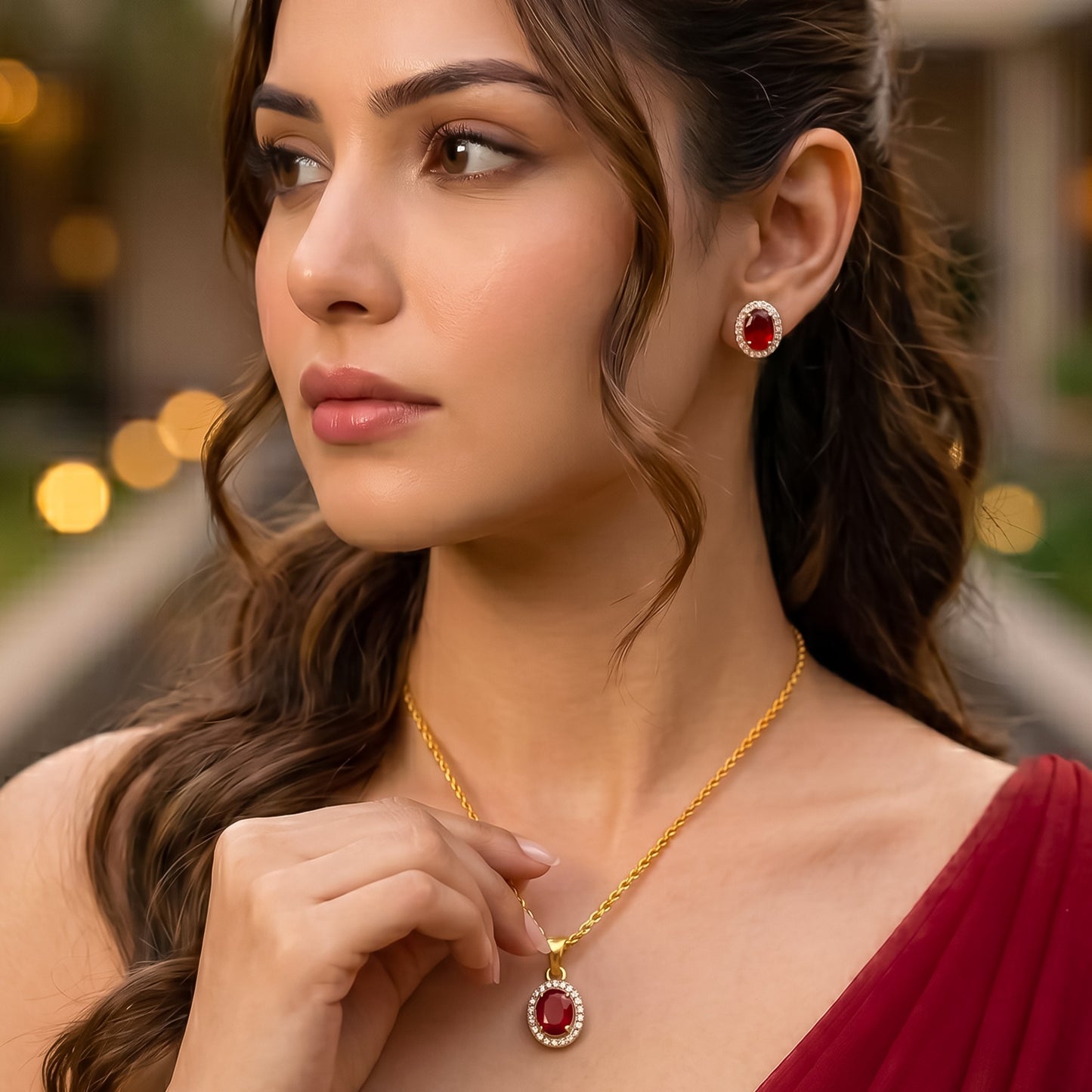Gold Plated Solitaire Halo Pendant & Earrings Set
