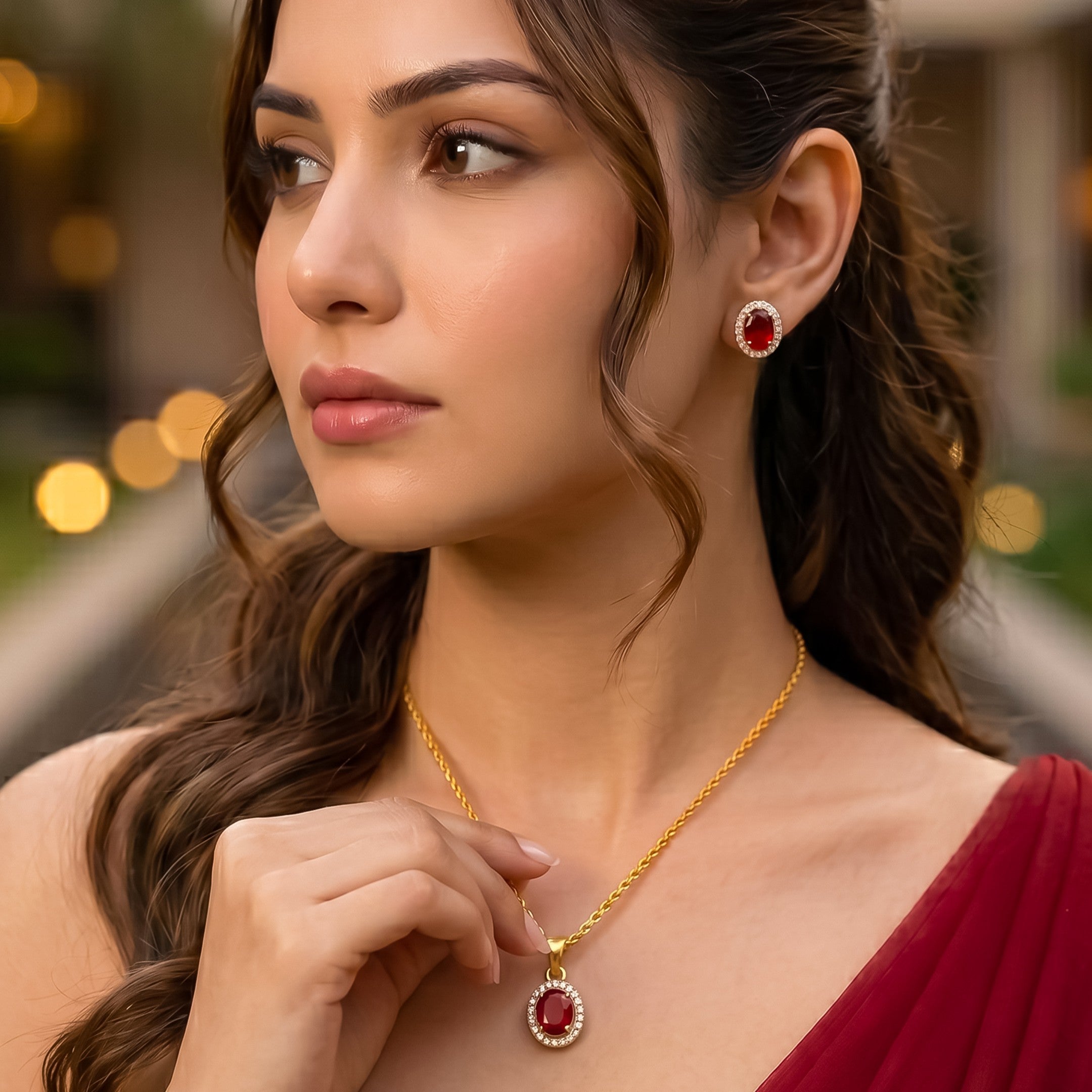 Gold Plated Red Cubic Zirconia Solitaire Halo Pendant & Earrings Set