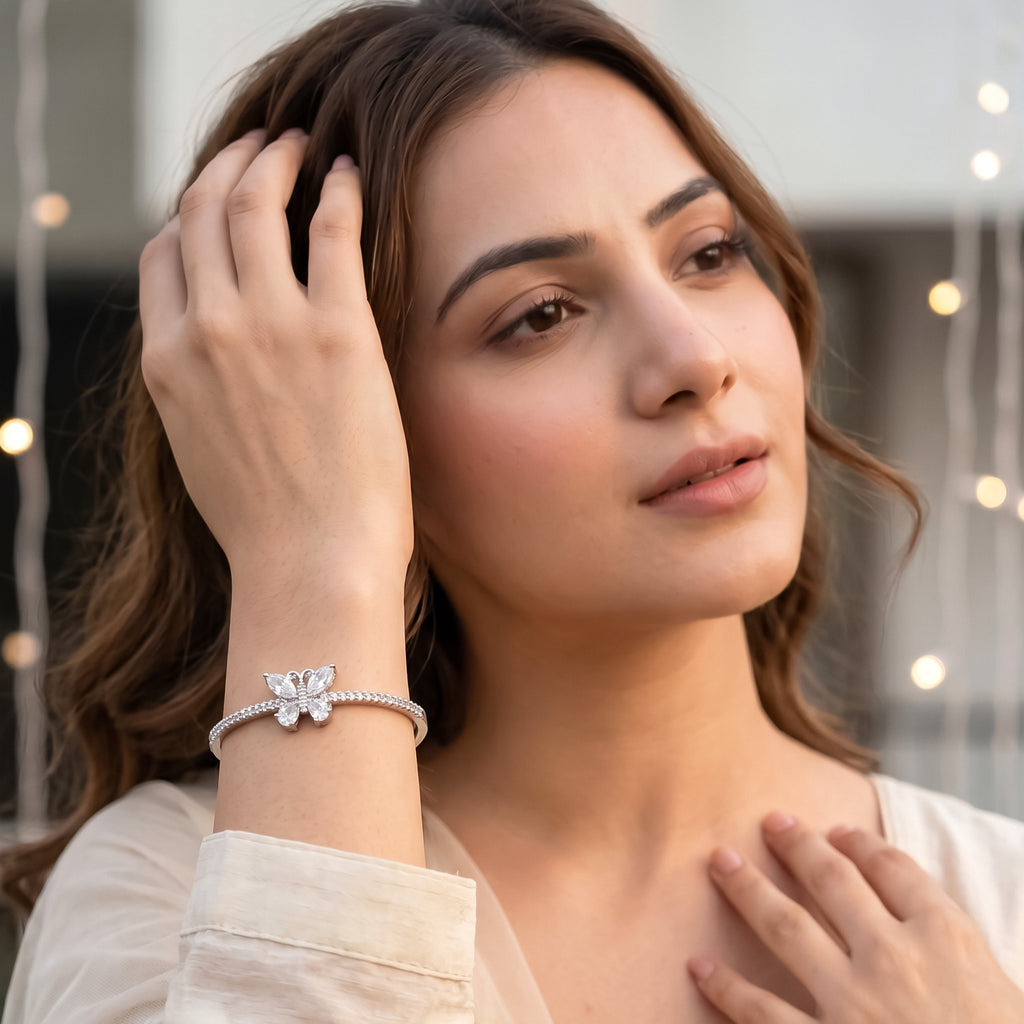 Rhodium Plated Cubic Zirconia Butterfly Bangle
