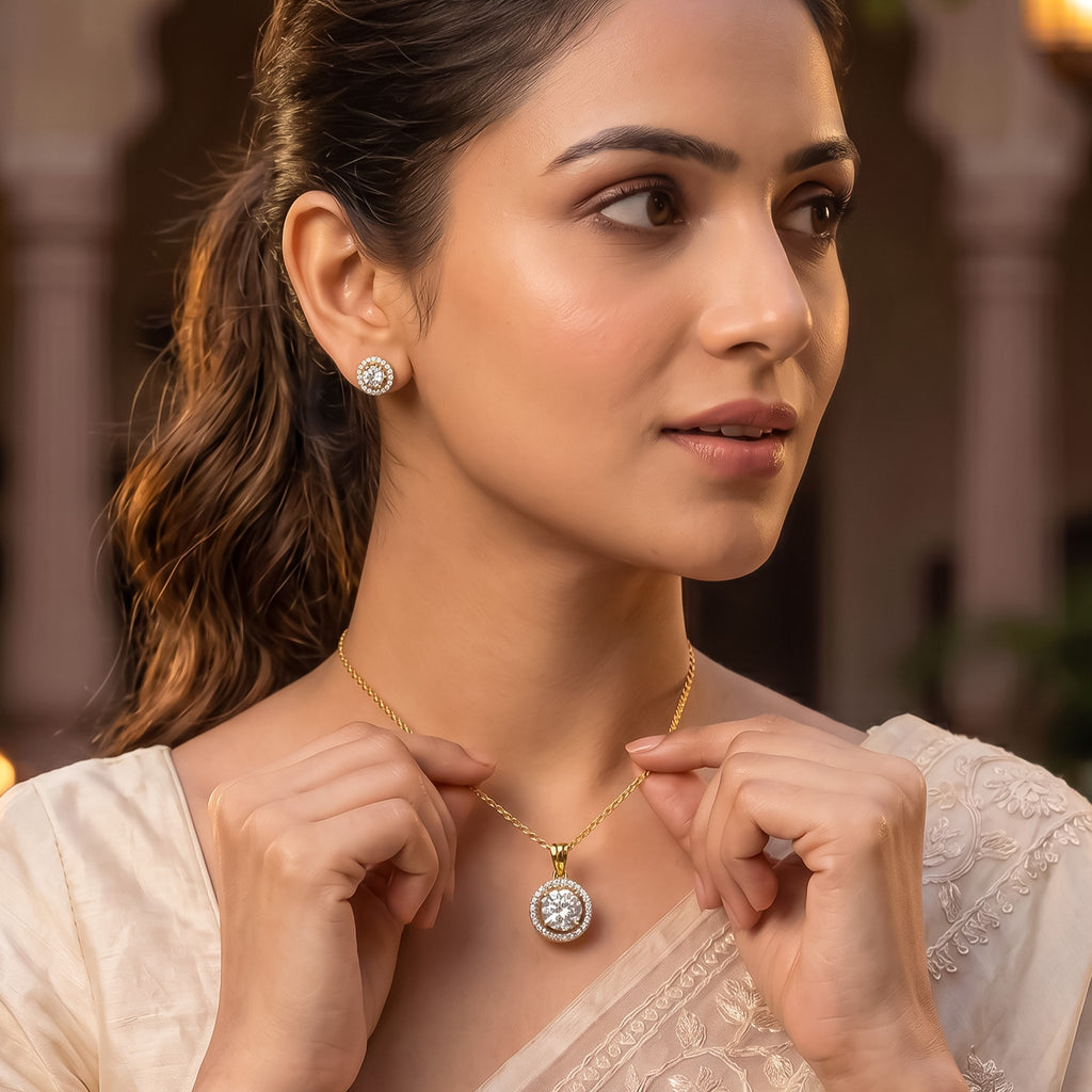 Gold Plated Solitaire Halo Style Pendant & Earrings Set