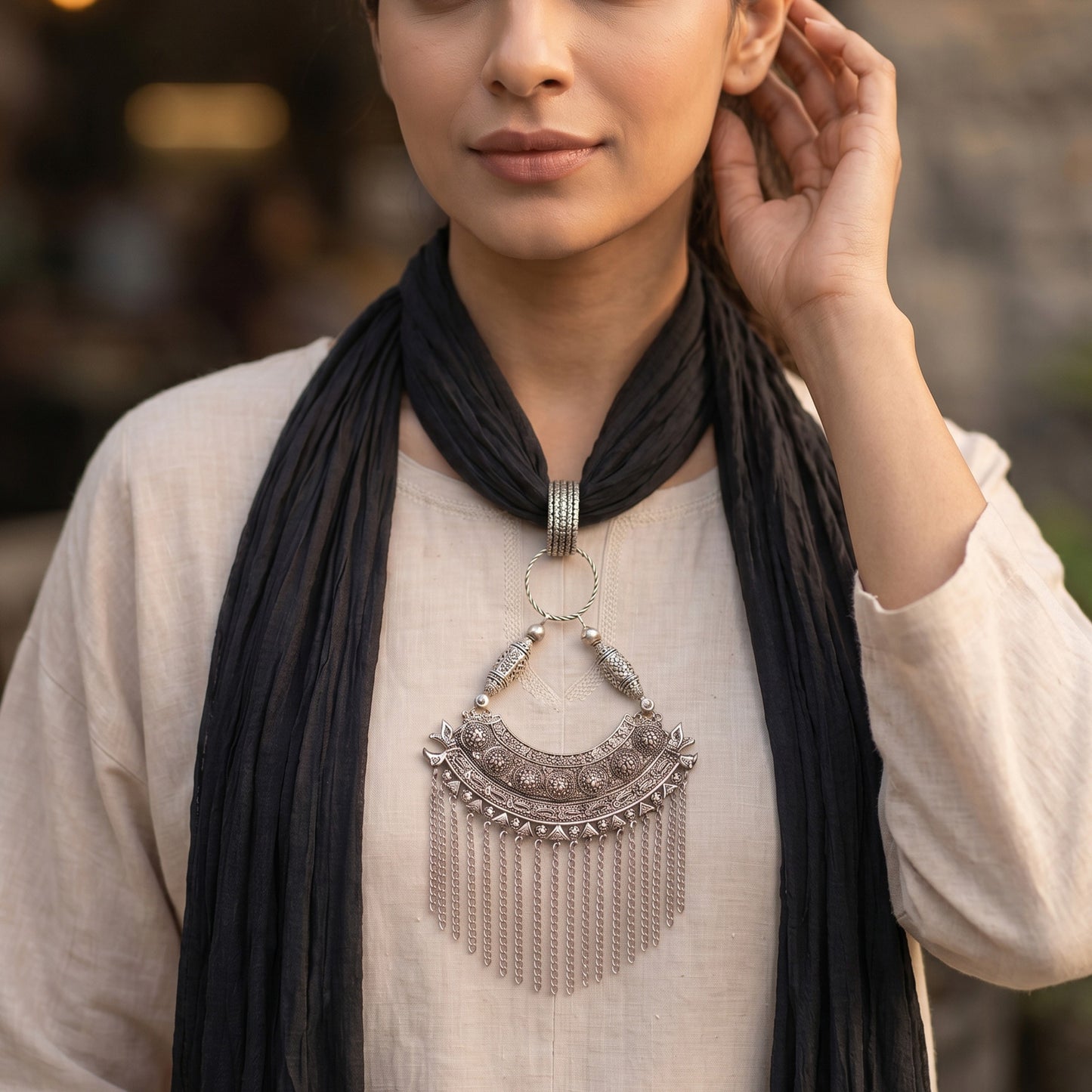 Black Georgette Scarf With Oxidized Motif