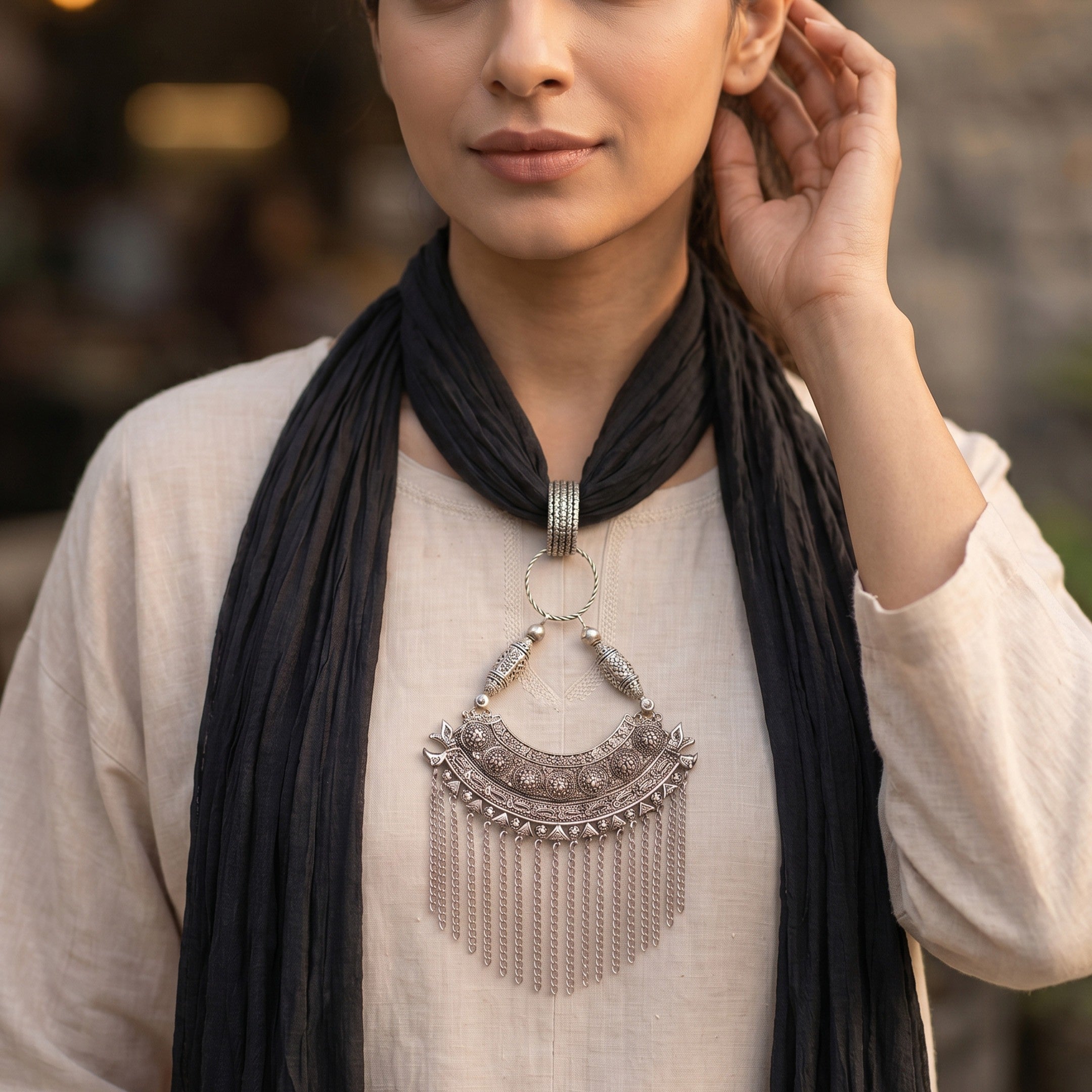 Black Georgette Scarf With Oxidized Motif