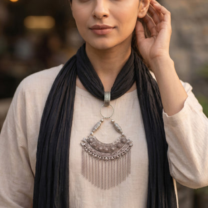 Black Georgette Scarf With Oxidized Motif