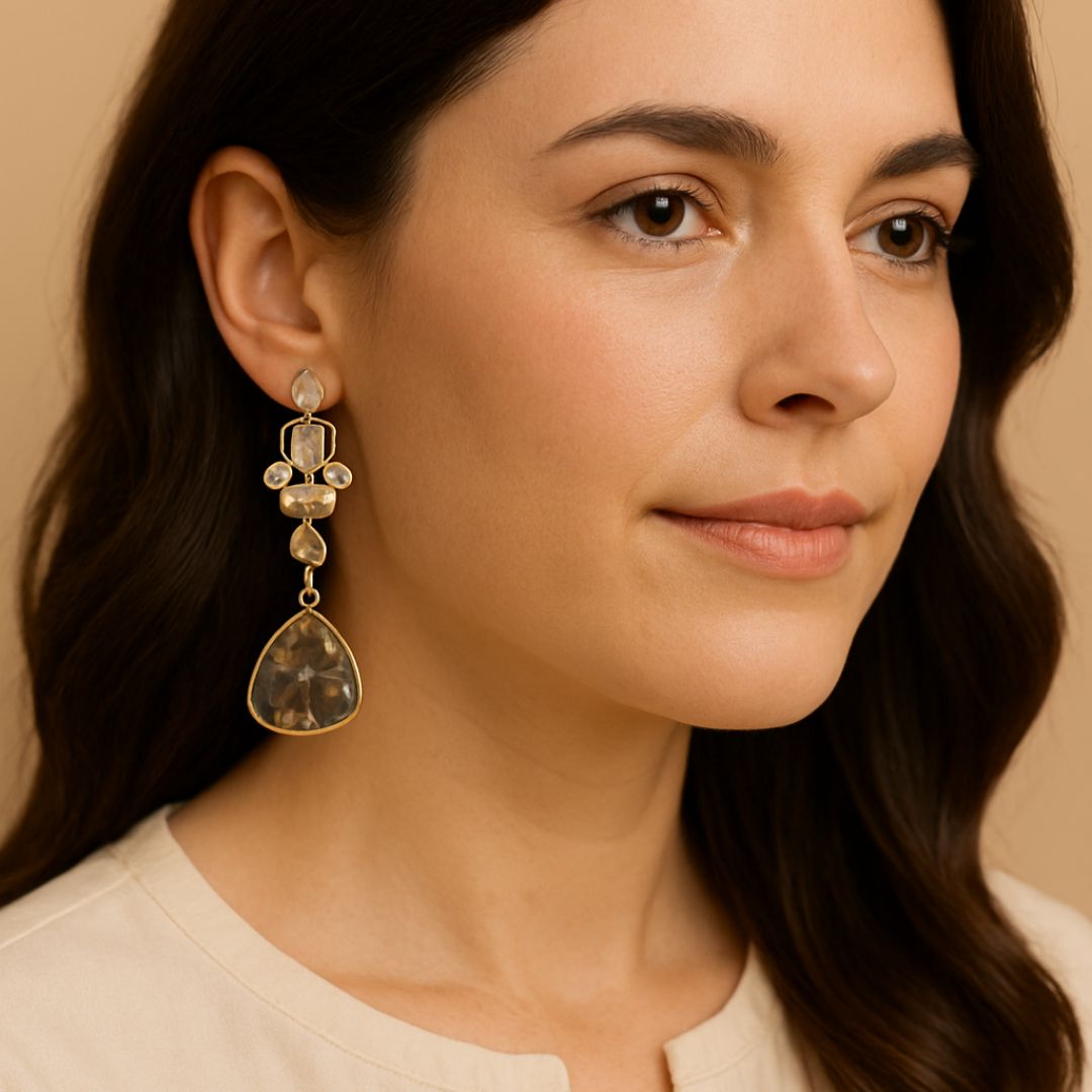 High Quality Gold Plated Black Stone Kundan Drop Earrings