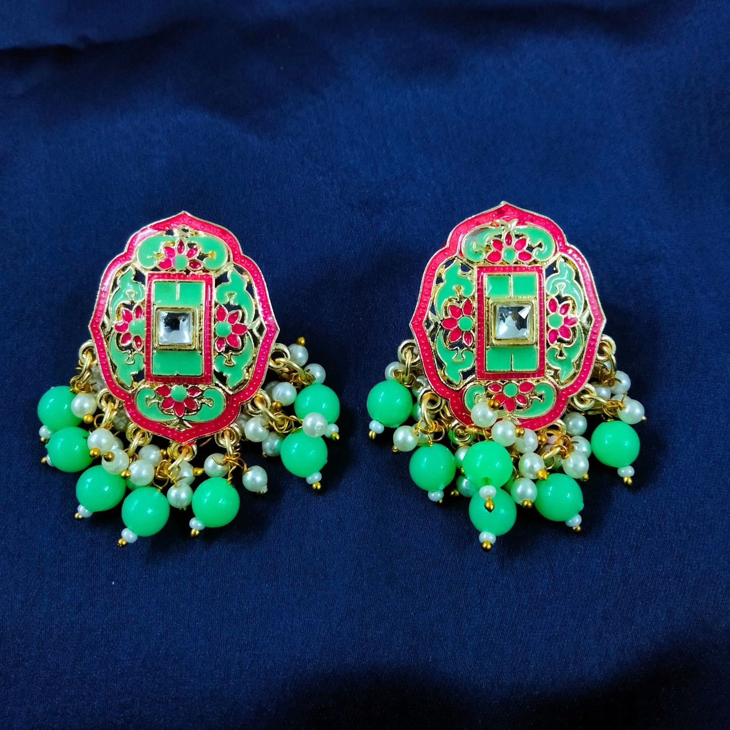 Bdiva 18K Gold Plated Green Meenakari Earrings.