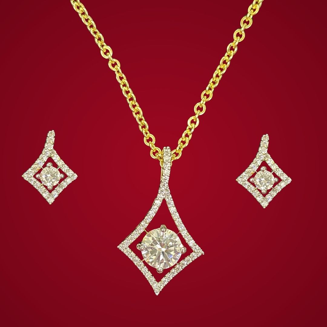 Gold Plated Halo Style Cubic Zirconia Pendant & Stud Earrings Set