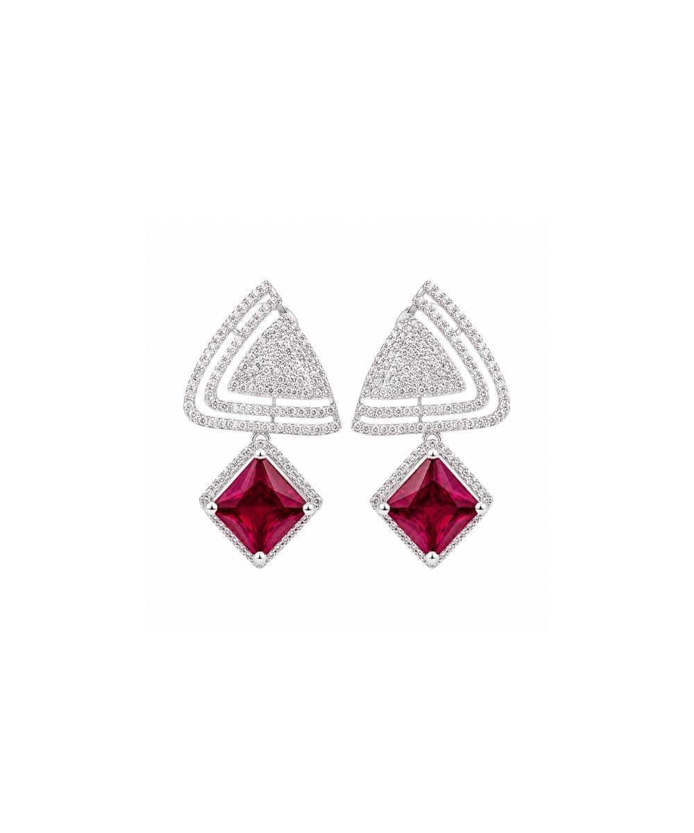 Rhodium Plated Red Ruby Earrings
