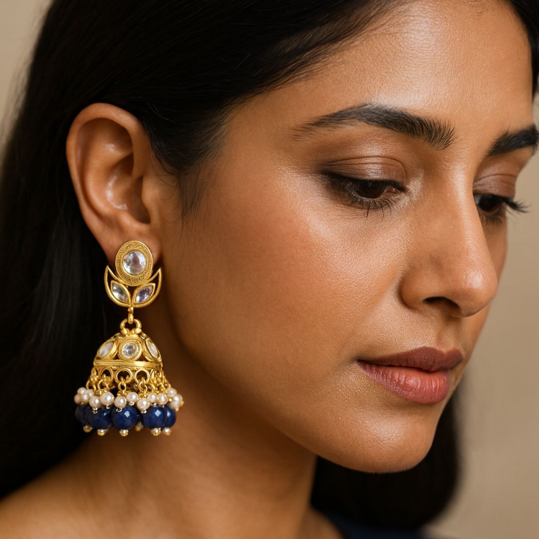 High Quality Gold Plated Navy Blue Kundan Jhumki Drop Earrings