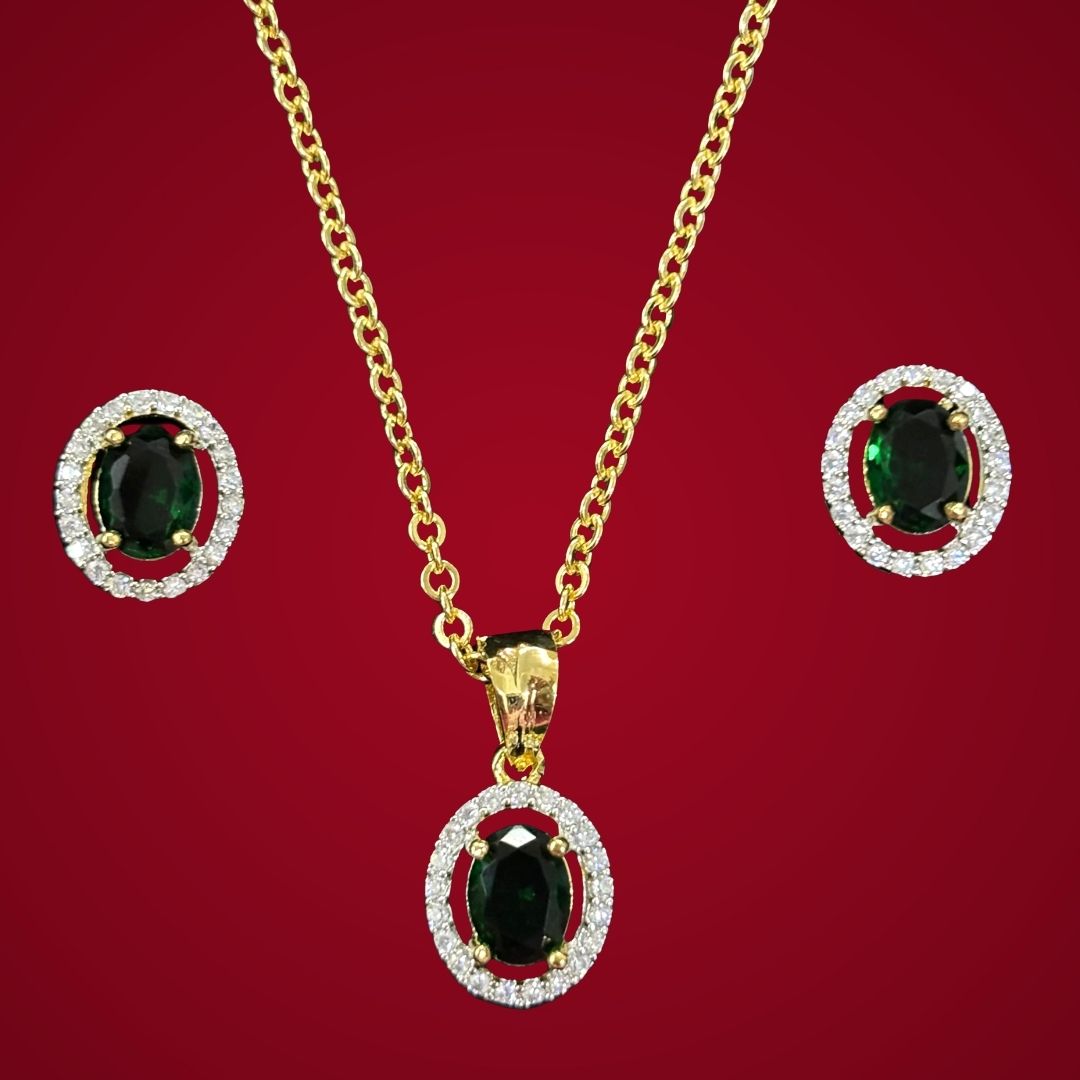 Green Emerald Luxe Gold-Plated Solitaire Halo Pendant & Earrings Set – A Regal Touch of Green