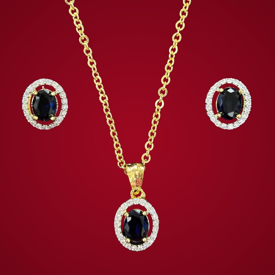 Blue Sapphire Luxe Gold-Plated Solitaire Halo Pendant & Earrings Set – A Regal Touch of Blue