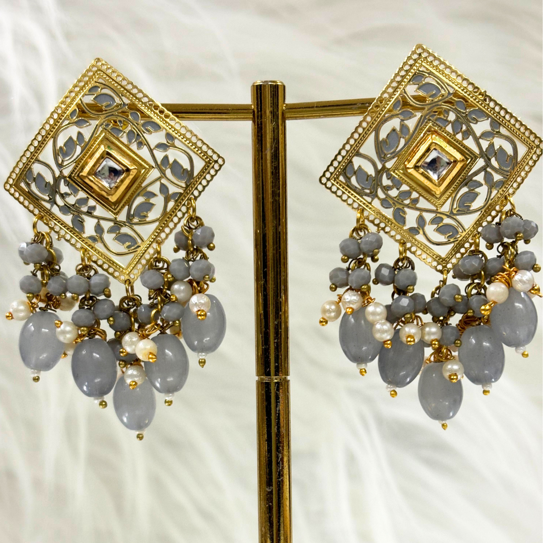 BDiva 18k Gold Plated Royal Square Pearl & Grey Beaded Dangle Earrings with a Fusion of Tradition and Modern Glamour