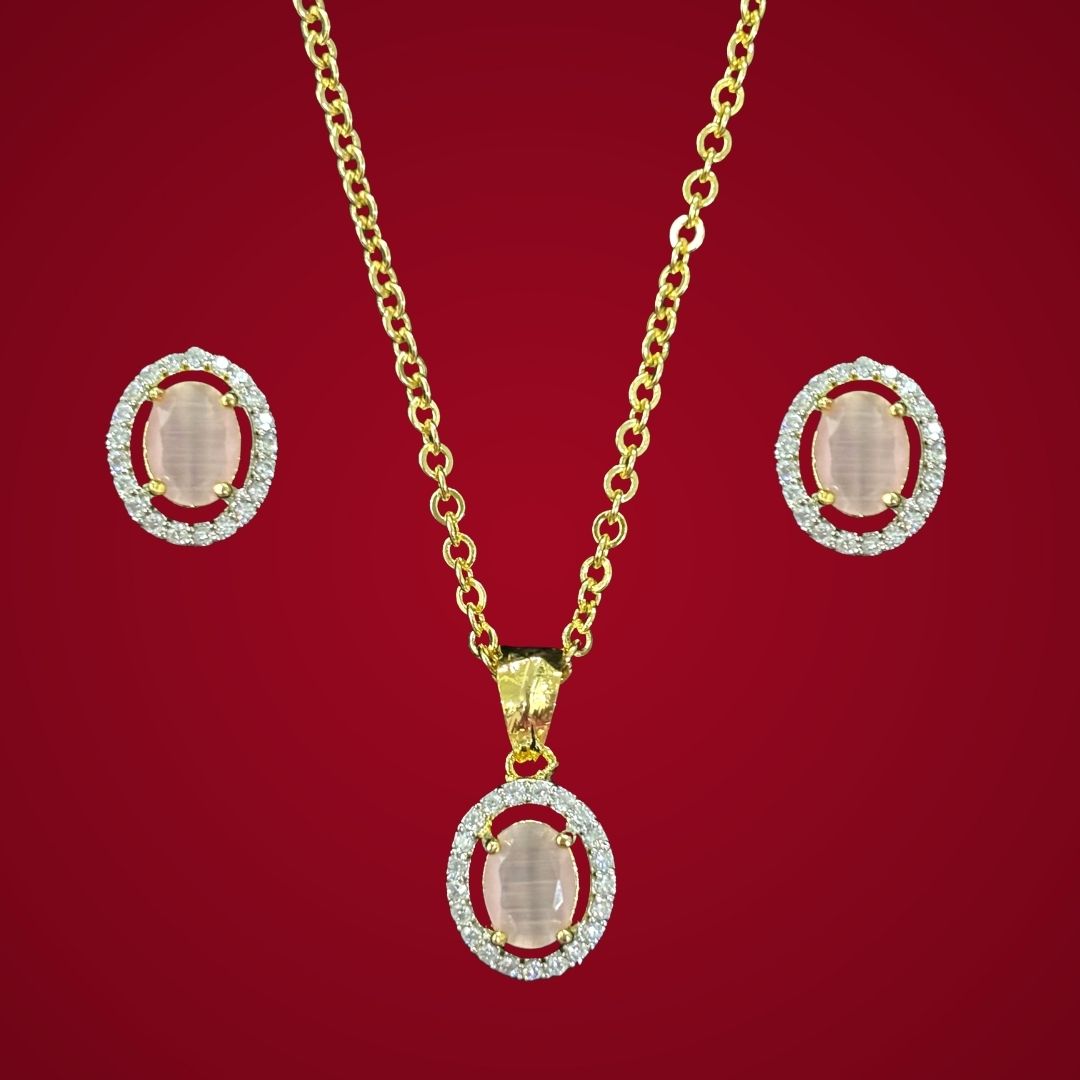 Morganite Luxe Gold-Plated Solitaire Halo Pendant & Earrings Set – A Regal Touch of Morganite