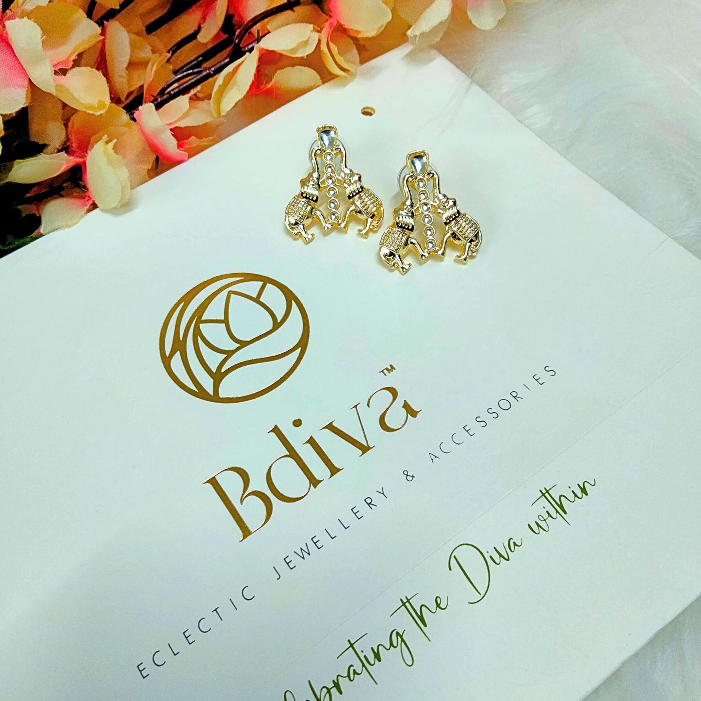 Bdiva 18K Gold Plated Kundan Elephant Earrings.
