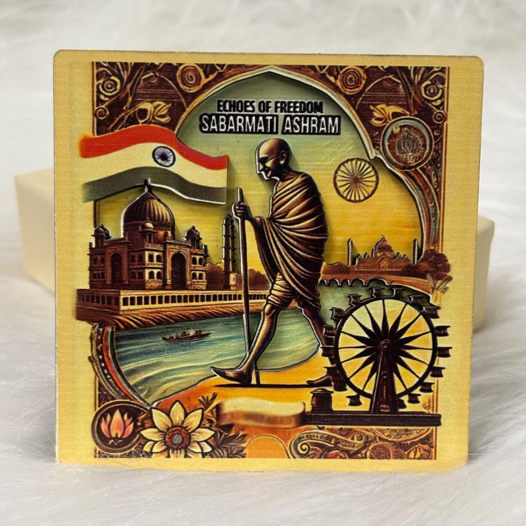 Echoes of Freedom: Sabarmati Ashram Souvenir Wooden Fridge Magnet