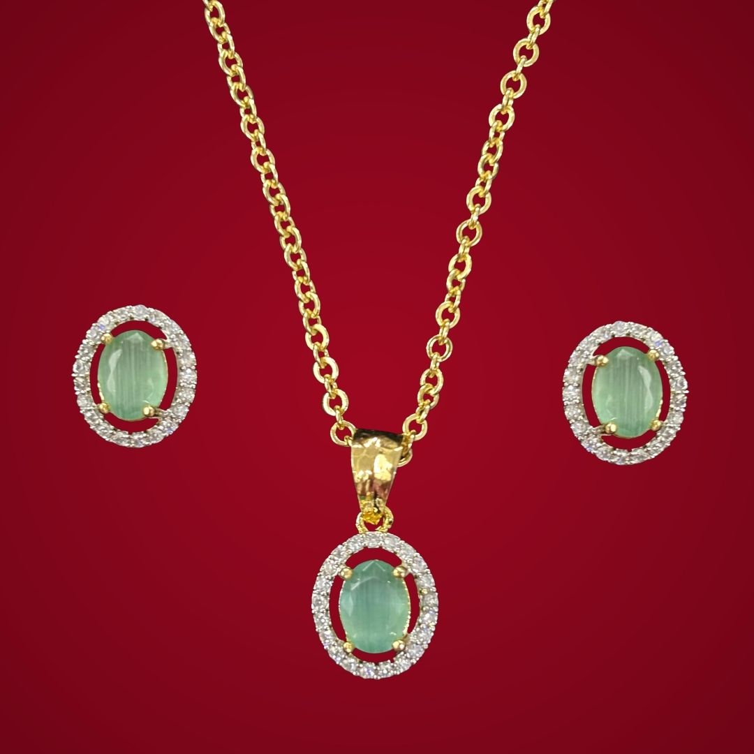 Green Topaz Luxe Gold-Plated Solitaire Halo Pendant & Earrings Set – A Regal Touch of Green