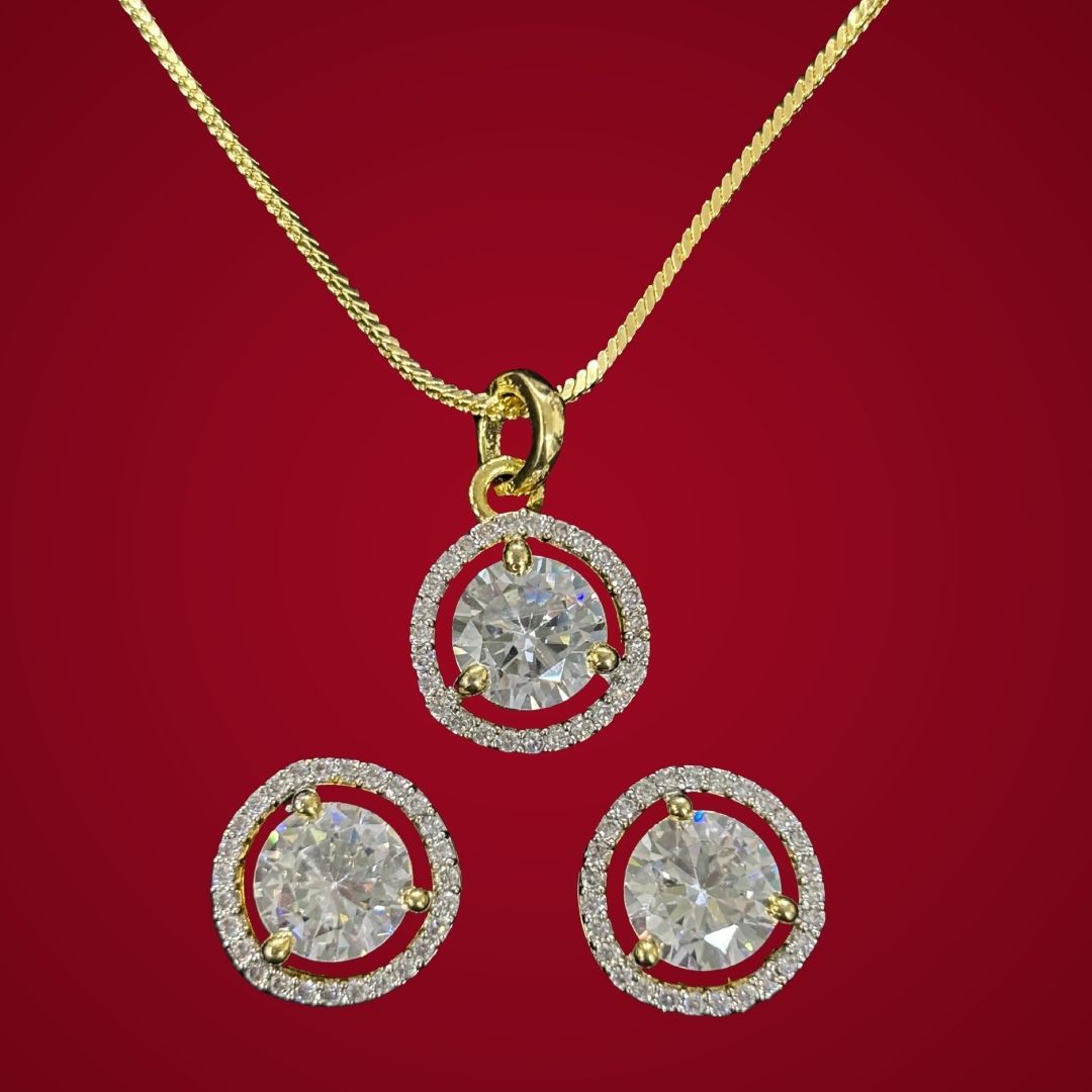 Gold-Plated Eternal Glow Solitaire Halo Pendant & Earrings Set