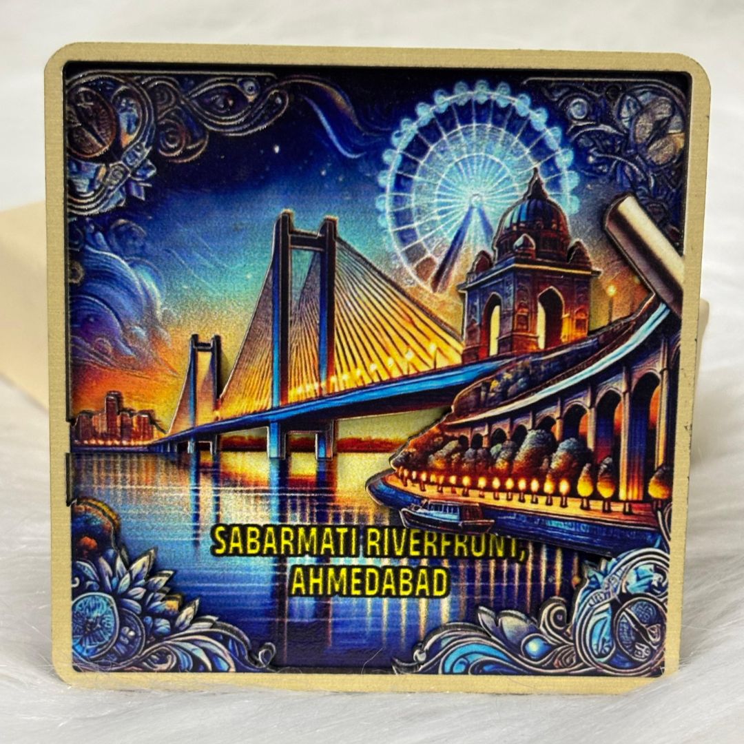 Sabarmati Splendor: Ahmedabad’s Riverfront Reverie – Souvenir Wooden Fridge Magnet