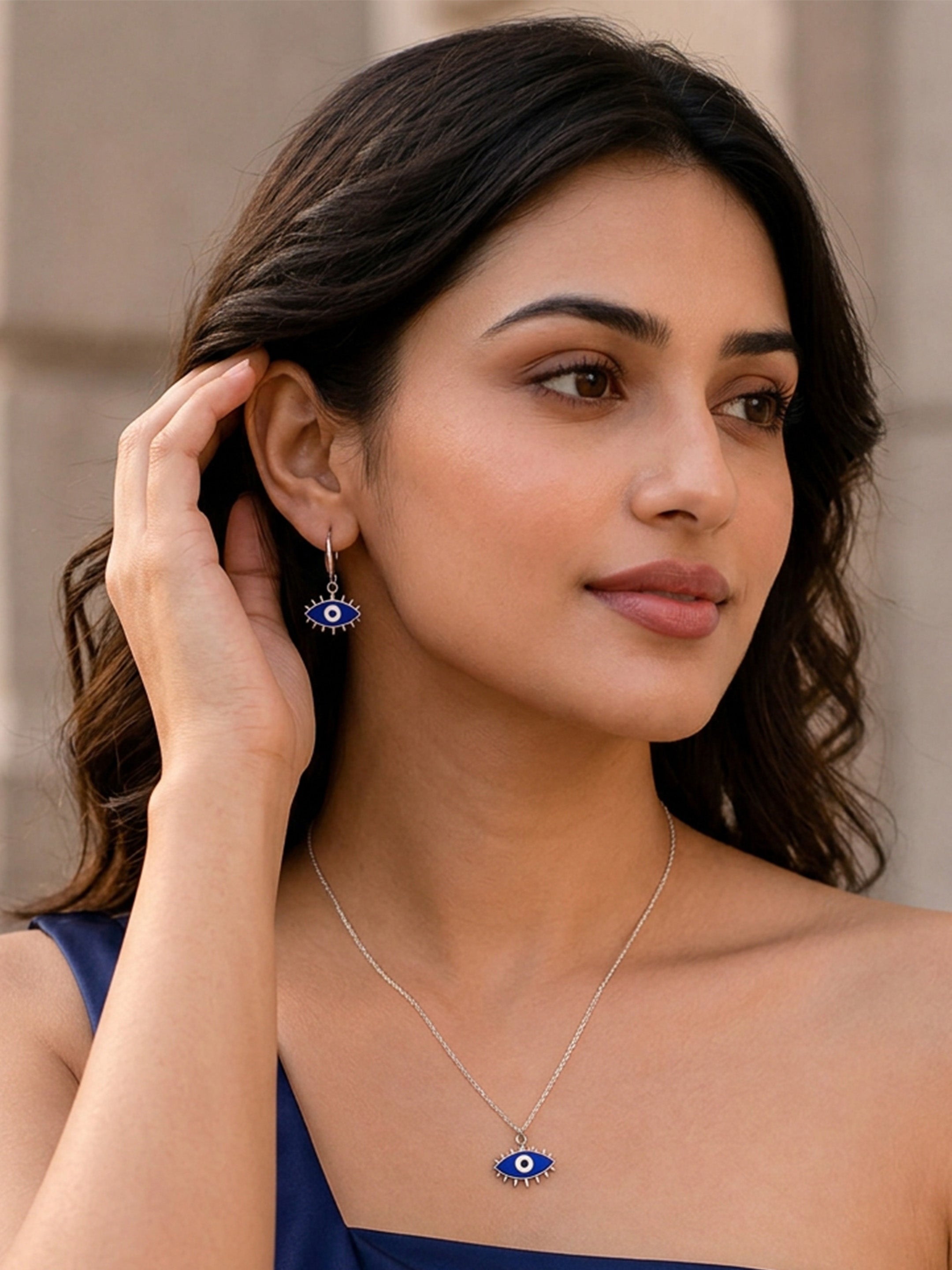 Rhodium-Plated Evil Eye Pendant Set