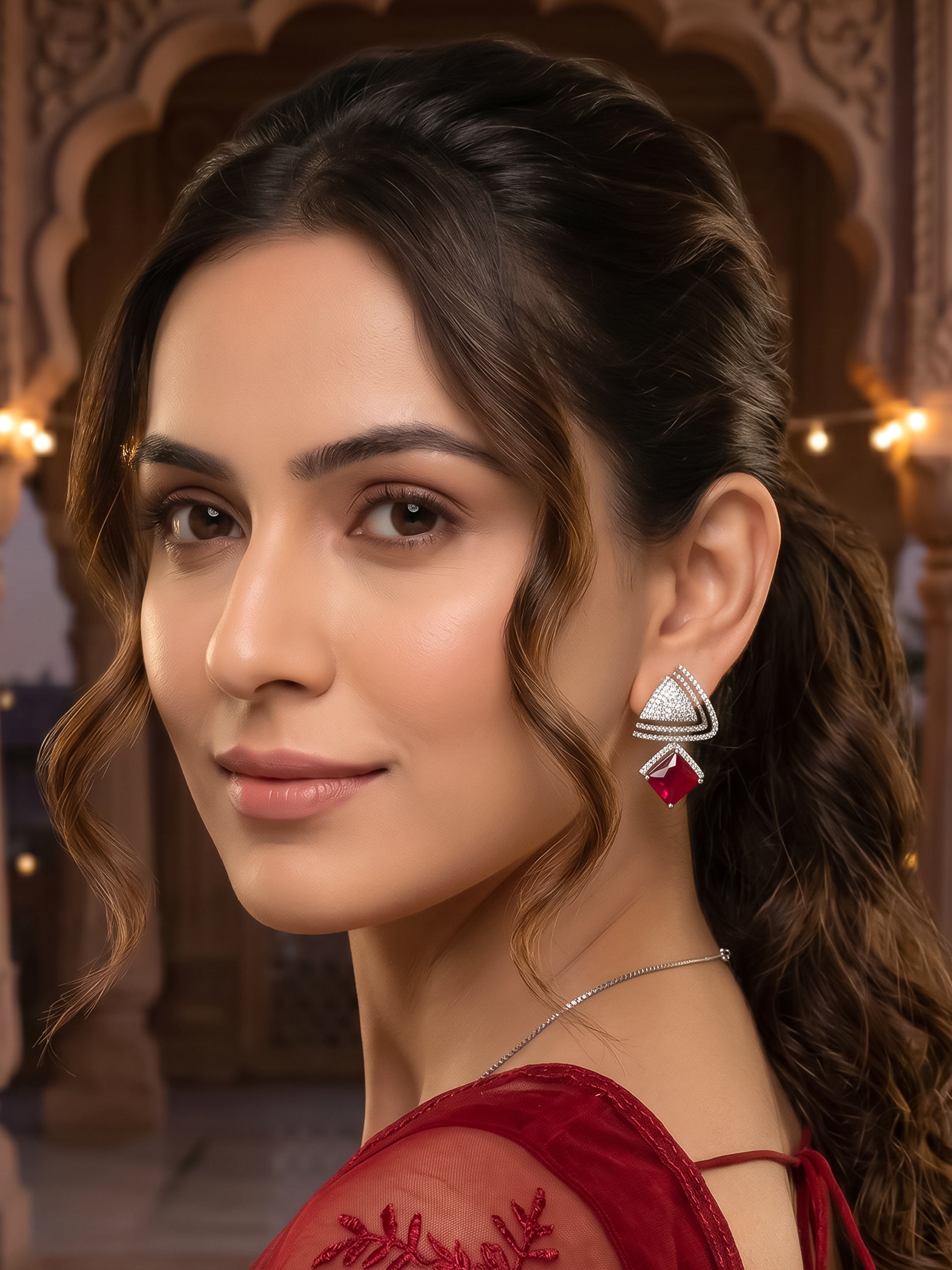 Rhodium Plated Red Ruby Earrings
