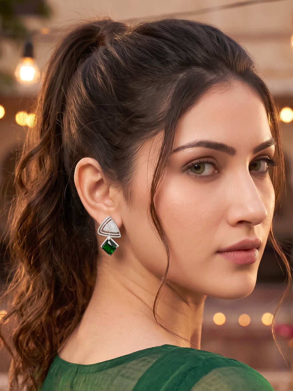 Rhodium Plated Green Topaz Earrings