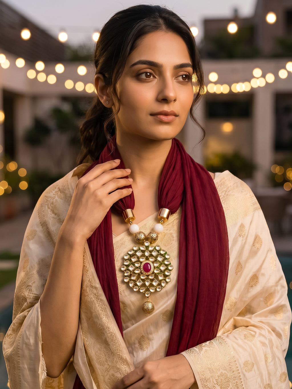 Maroon Georgette Scarf With Kundan Motif