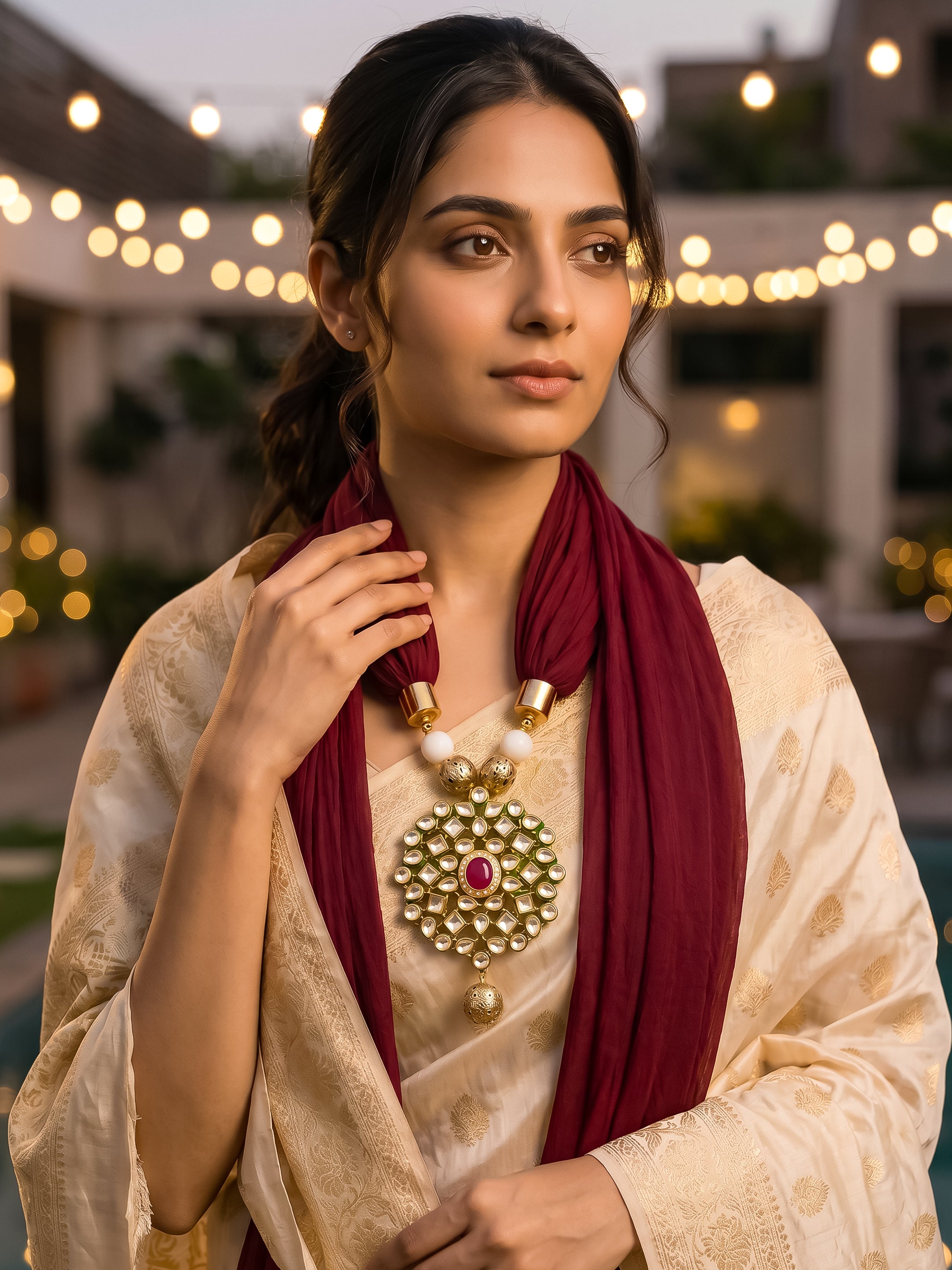 Maroon Georgette Scarf With Kundan Motif