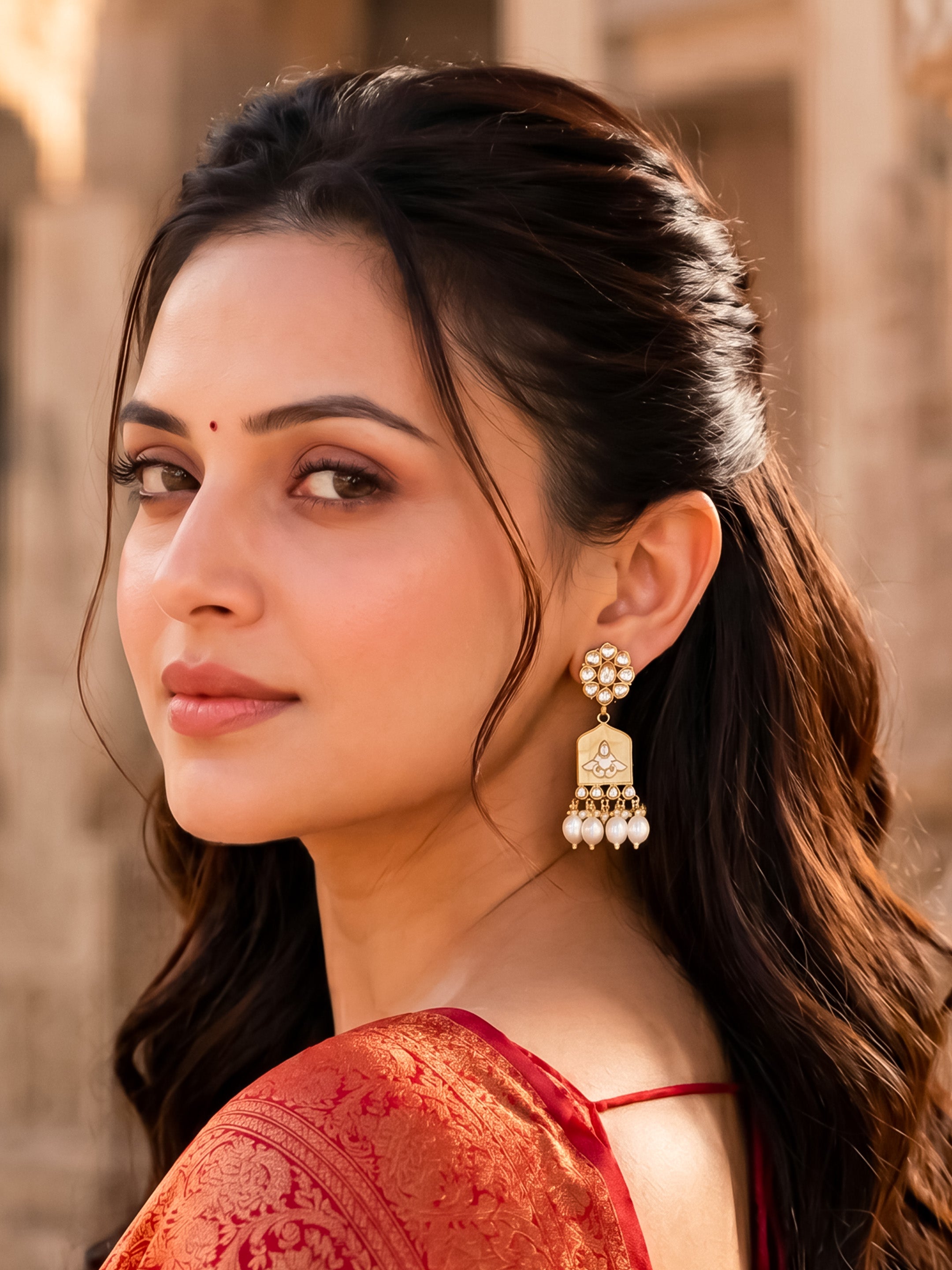 Gold Plated Kundan White Pearl Drop Earrings