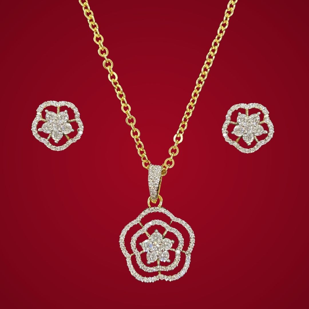 Gold-Plated Cubic Zirconia Pendant & Stud Earrings Set – A Floral Symphony of Elegance