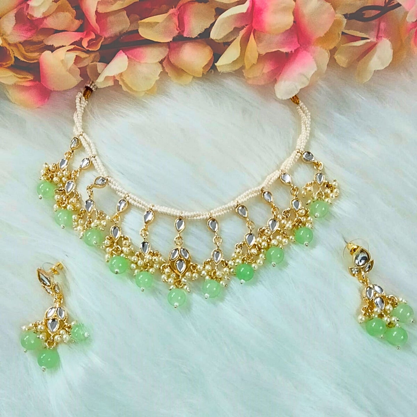 Bdiva 18K Gold Plated Monalisa Green Beads Kundan Pearl Choker.