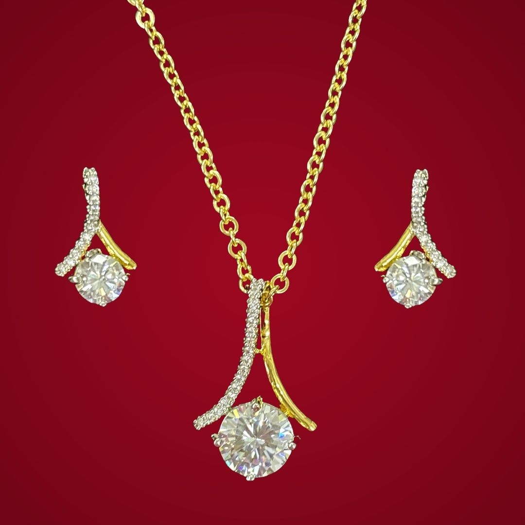 Gold Plated Curve Solitaire Pendant & Earrings Set – A Graceful Symphony of Sparkle & Elegance