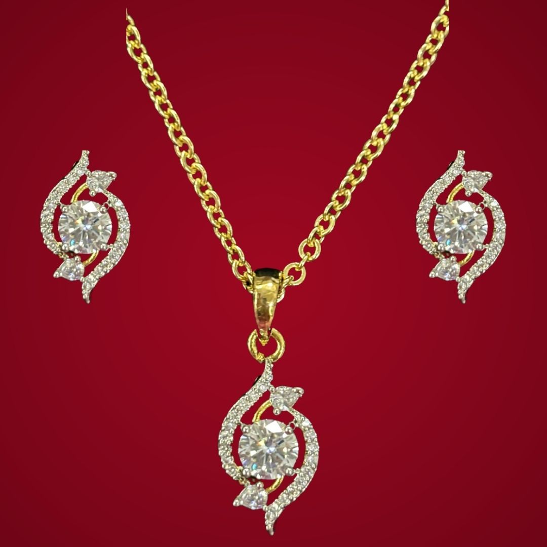 Gold Plated Bloom Solitaire Pendant & Earrings Set – Graceful, Elegant & Timeless