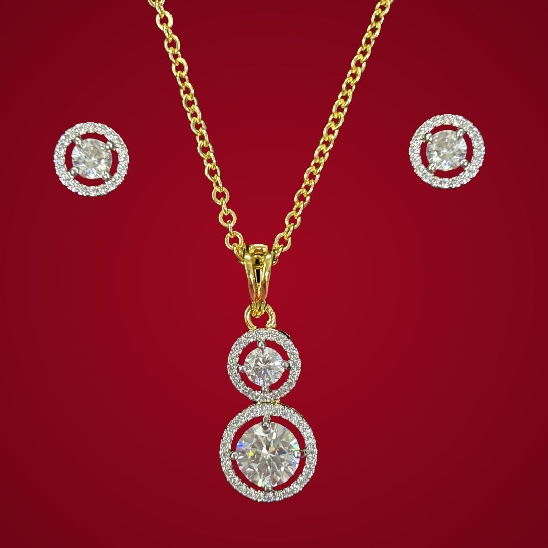 Gold-Plated Eternal Glow Solitaire Halo Pendant & Stud Earrings Set – Double the Shine, Timeless Elegance