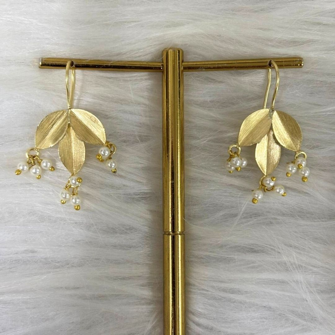 Gold-Plated Leaf Pearl Dangle Earrings