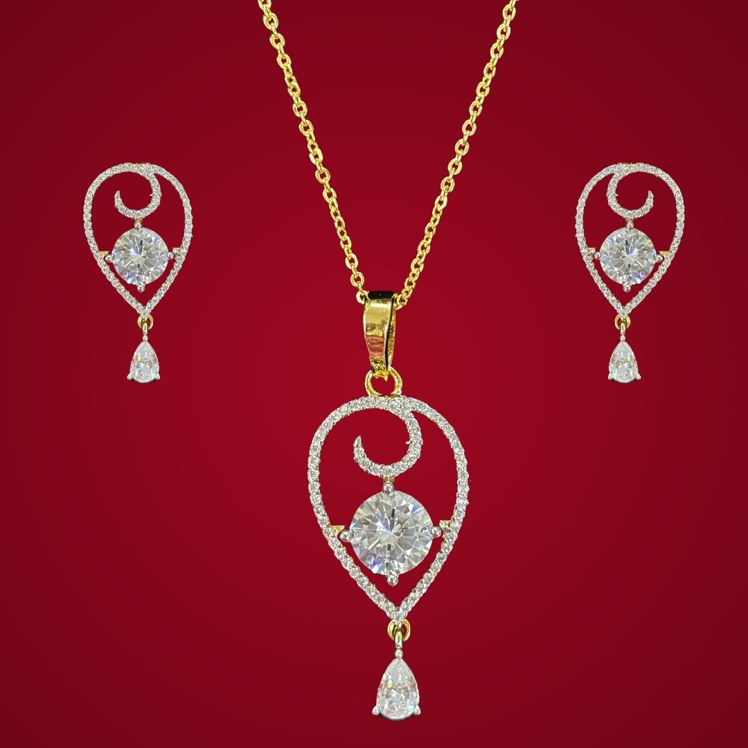 Gold-Plated Ethereal Grace Solitaire Pendant & Earrings Set – A Fusion of Elegance & Modern Glam