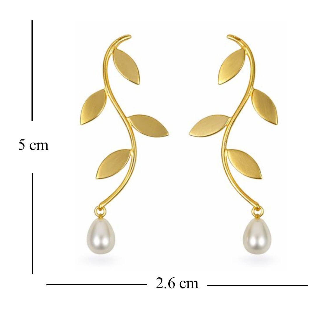 Gold-Plated Leaf Pearl Dangle Earrings