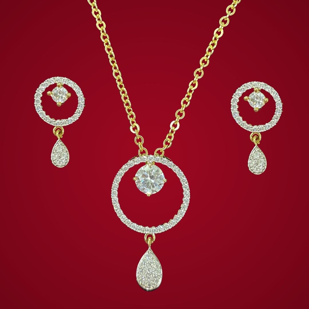 Gold Plated Cubic Zirconia Halo Pendant & Stud Earrings Set