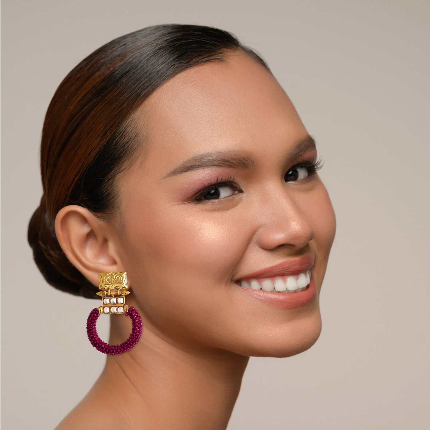 Bdiva 18K Gold Plated Kundan Pink Beads Earrings.