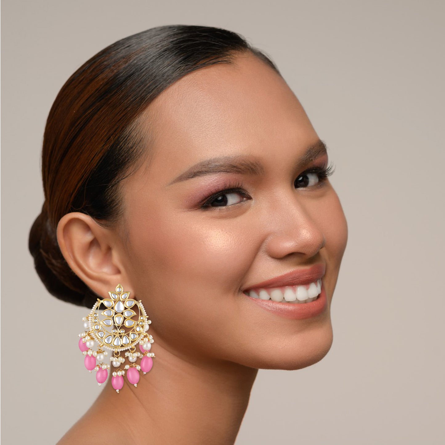 Bdiva 18K Gold Plated Kundan Earrings with Pink Semi Cultured Pearls.