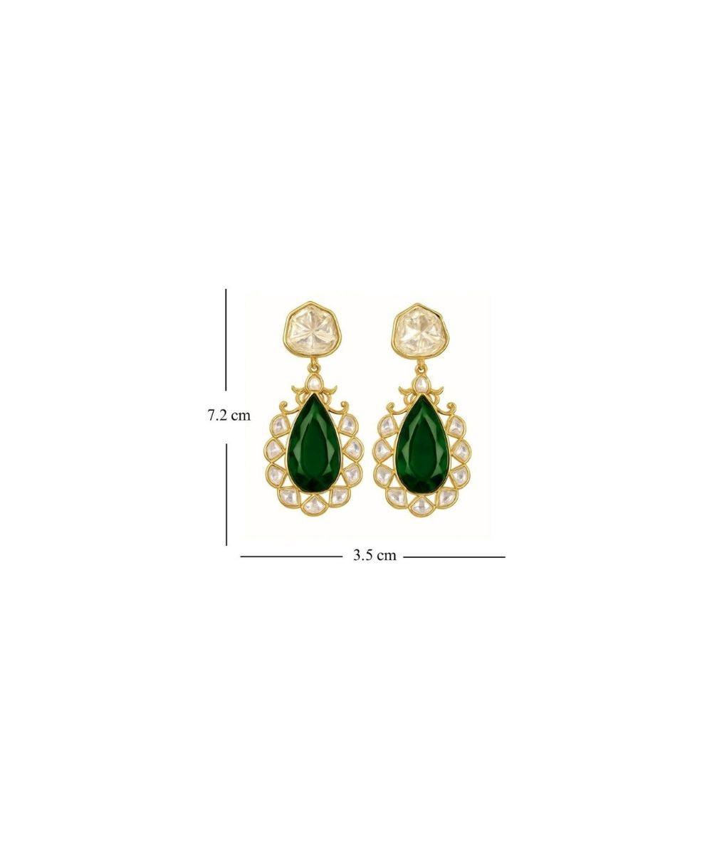 Gold Plated Green Stone Kundan Drop Earrings
